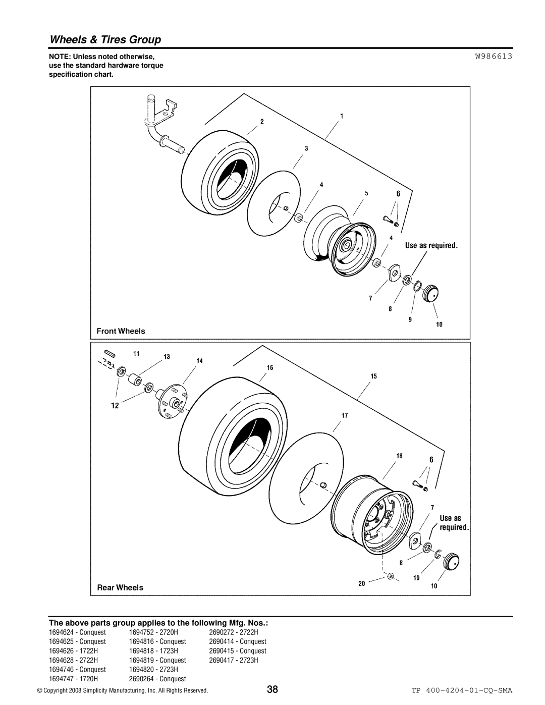 Simplicity 1700 Series manual Wheels & Tires Group, W986613 