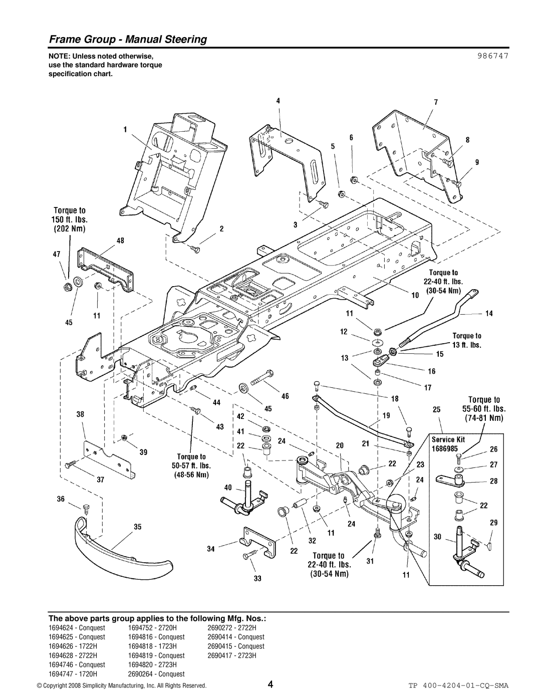 Simplicity 1700 Series manual Frame Group Manual Steering, 986747 