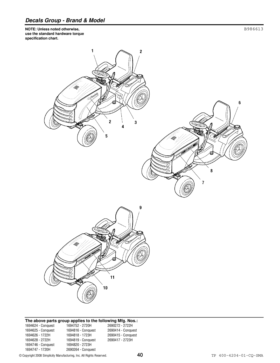 Simplicity 1700 Series manual Decals Group Brand & Model, B986613 