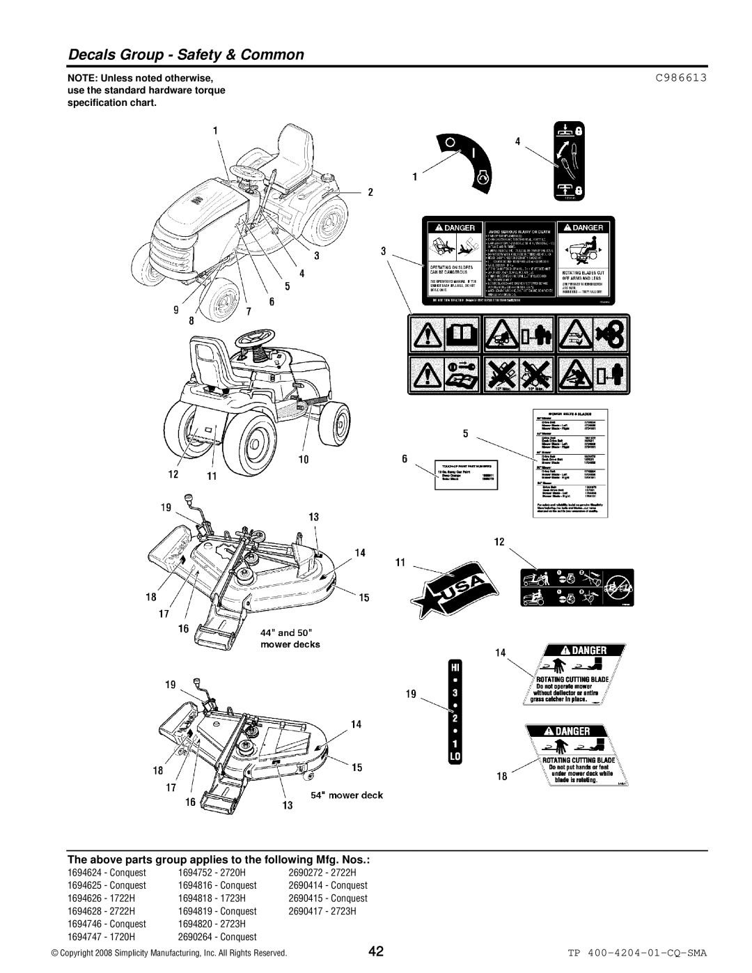 Simplicity 1700 Series manual Decals Group Safety & Common, C986613 