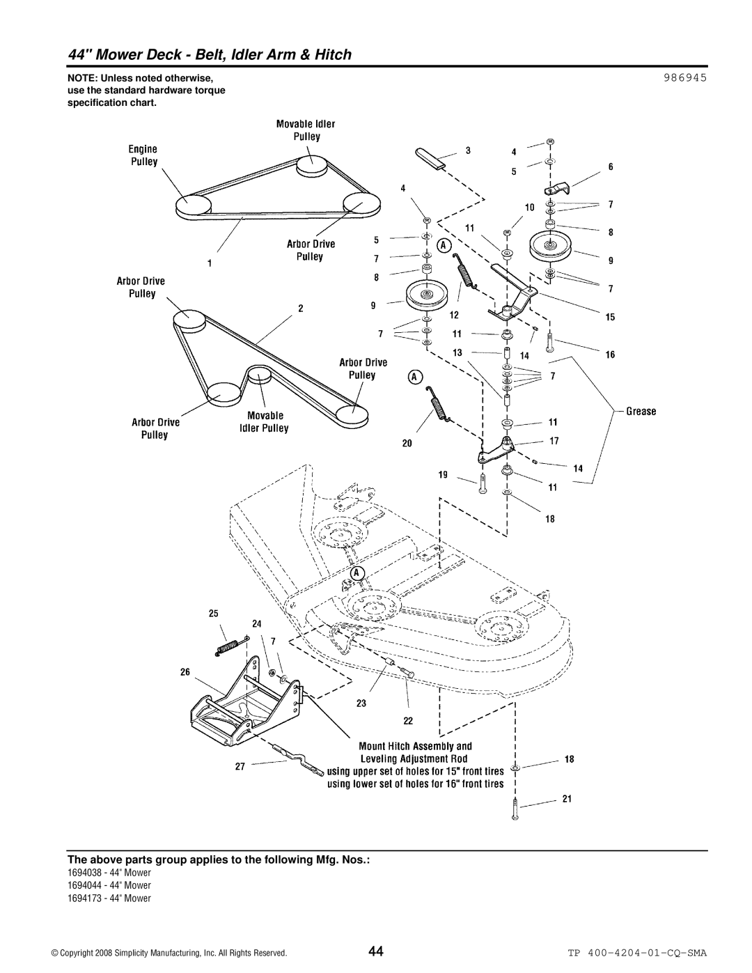 Simplicity 1700 Series manual Mower Deck Belt, Idler Arm & Hitch, 986945 