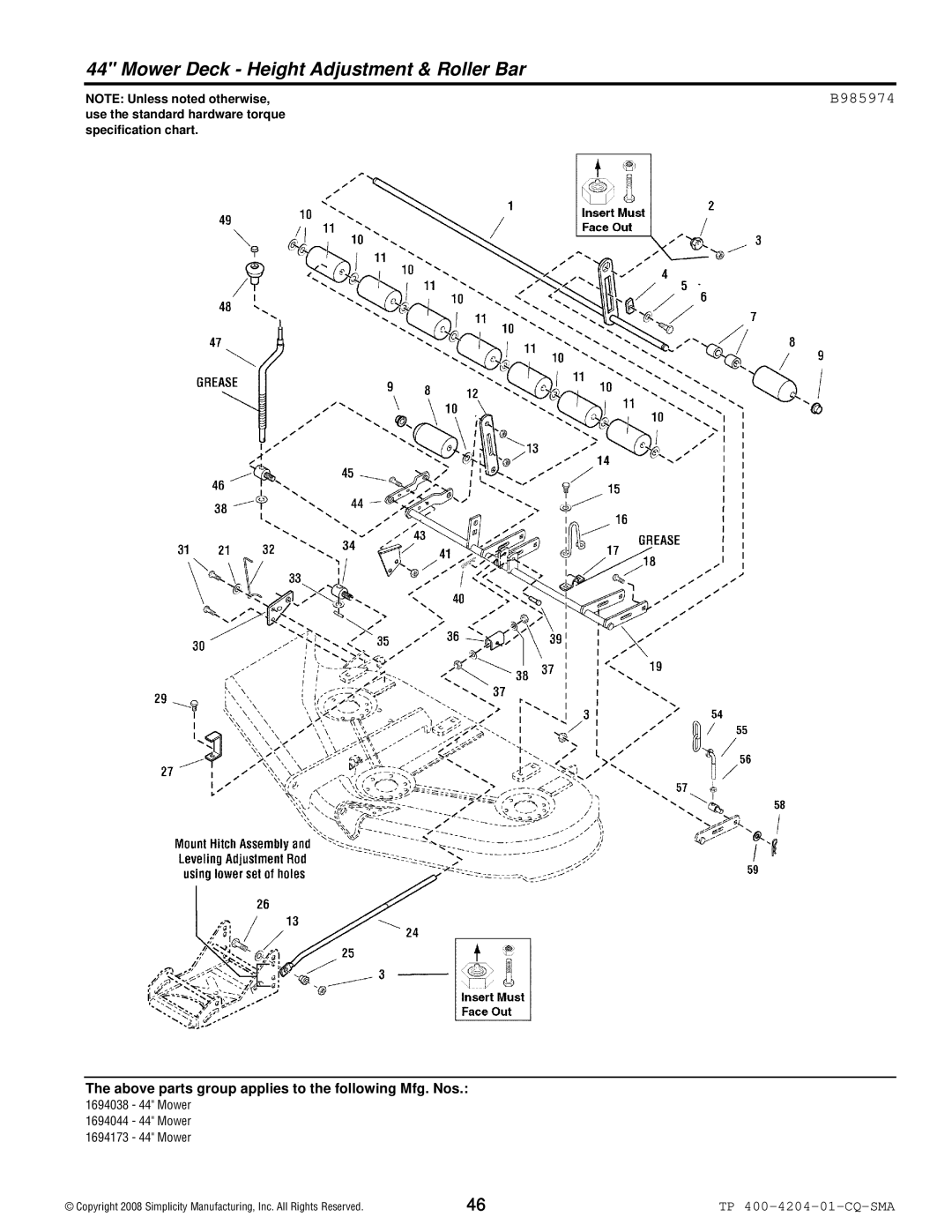 Simplicity 1700 Series manual Mower Deck Height Adjustment & Roller Bar, B985974 