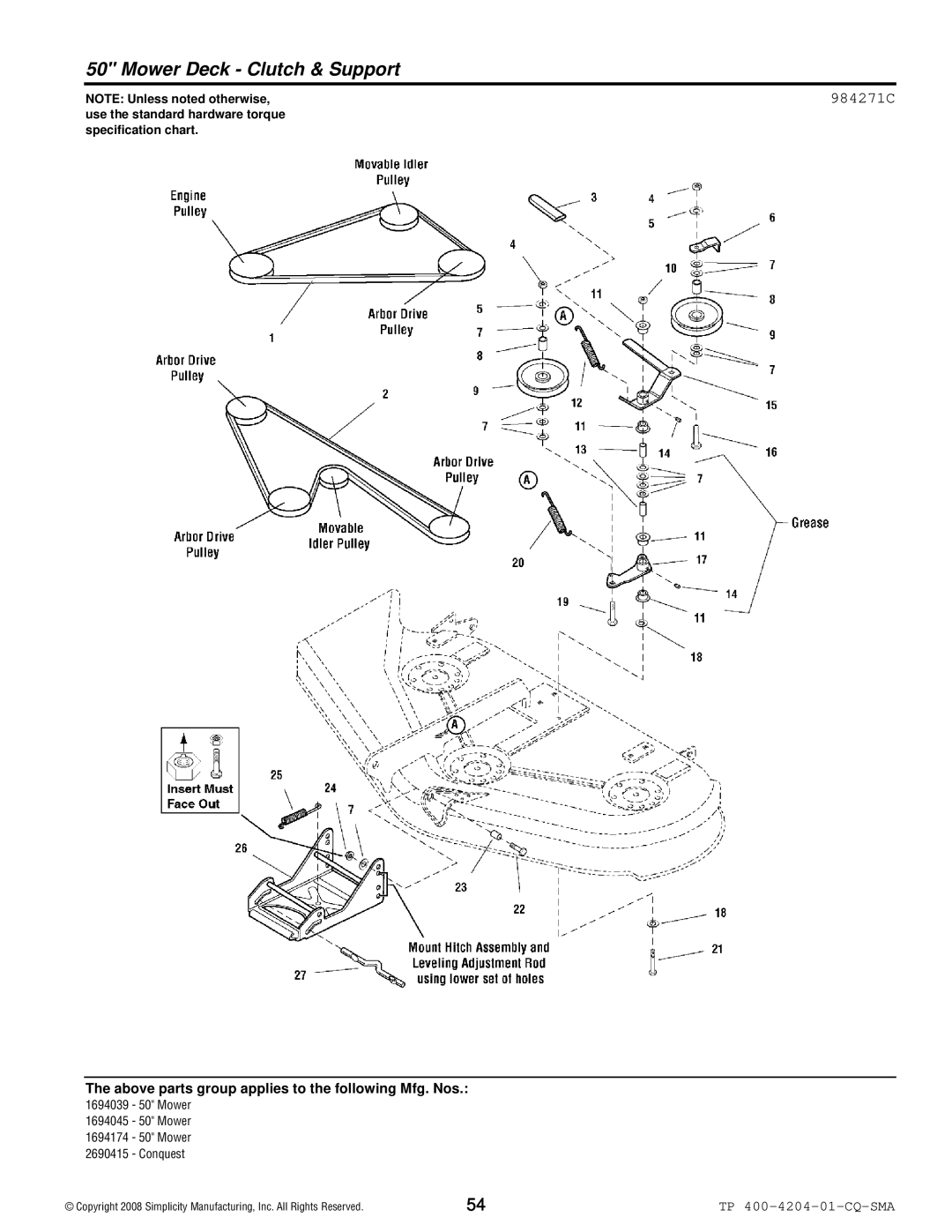 Simplicity 1700 Series manual Mower Deck Clutch & Support, 984271C 