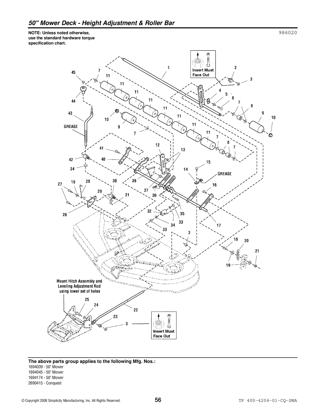 Simplicity 1700 Series manual Mower Deck Height Adjustment & Roller Bar, 986020 