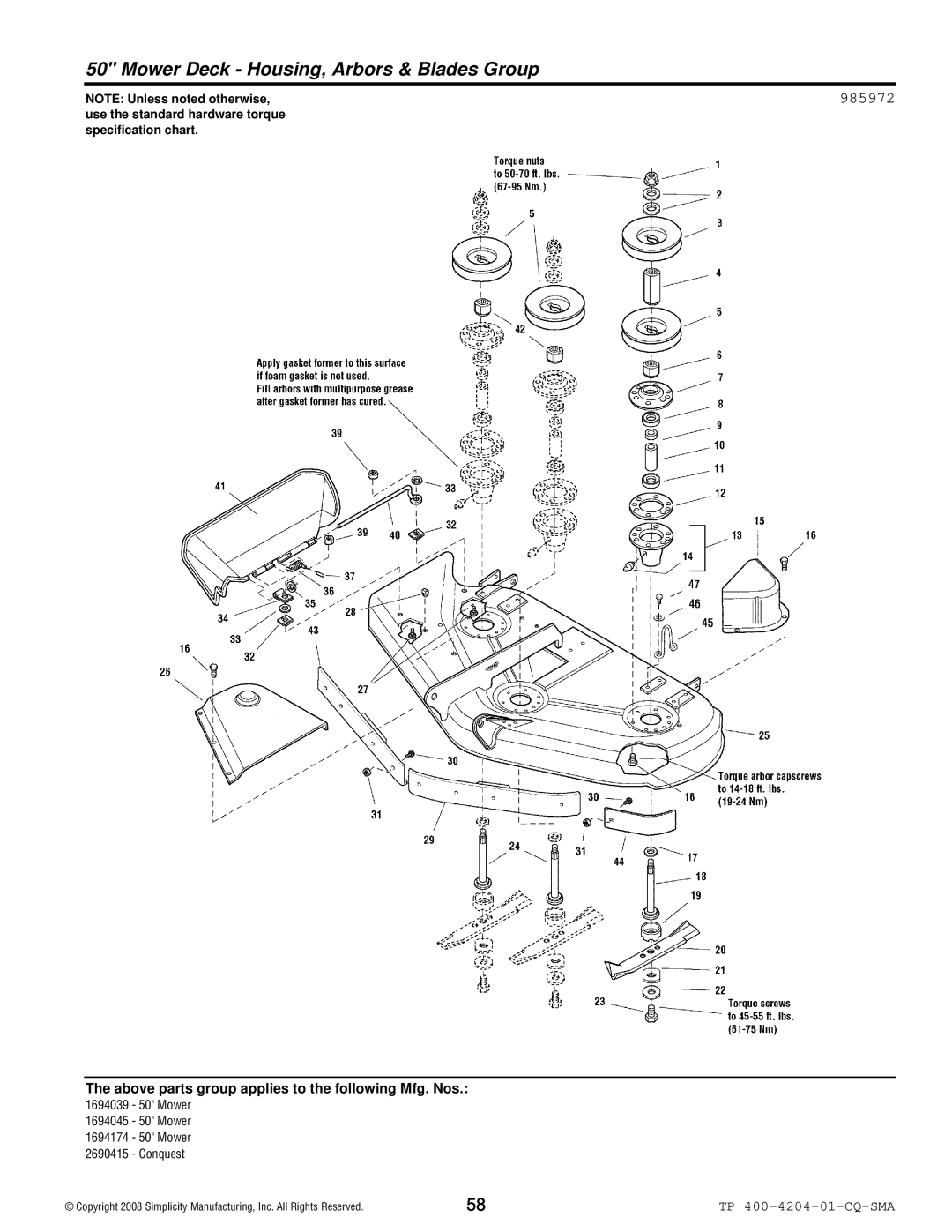 Simplicity 1700 Series manual Mower Deck Housing, Arbors & Blades Group, 985972 