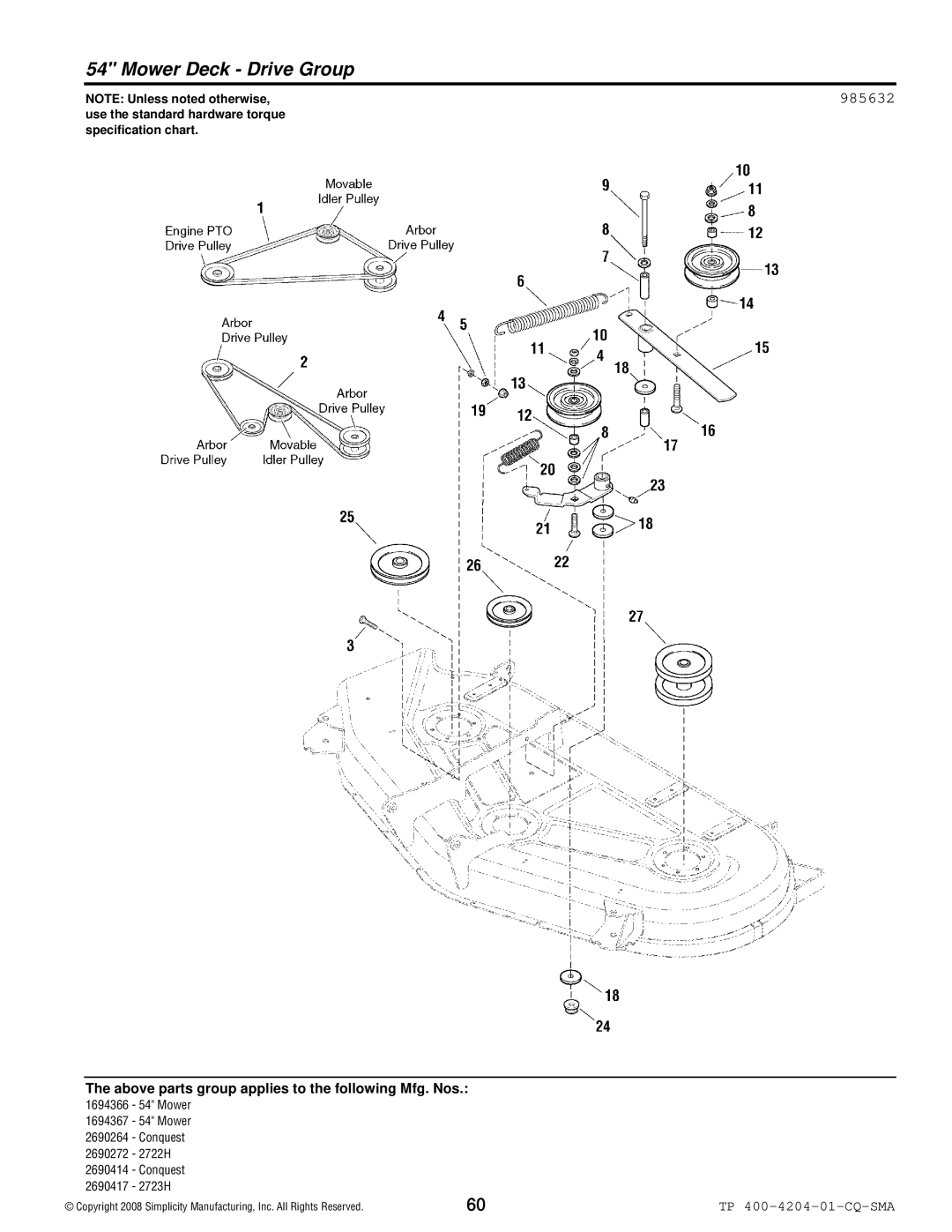 Simplicity 1700 Series manual Mower Deck Drive Group, 985632 