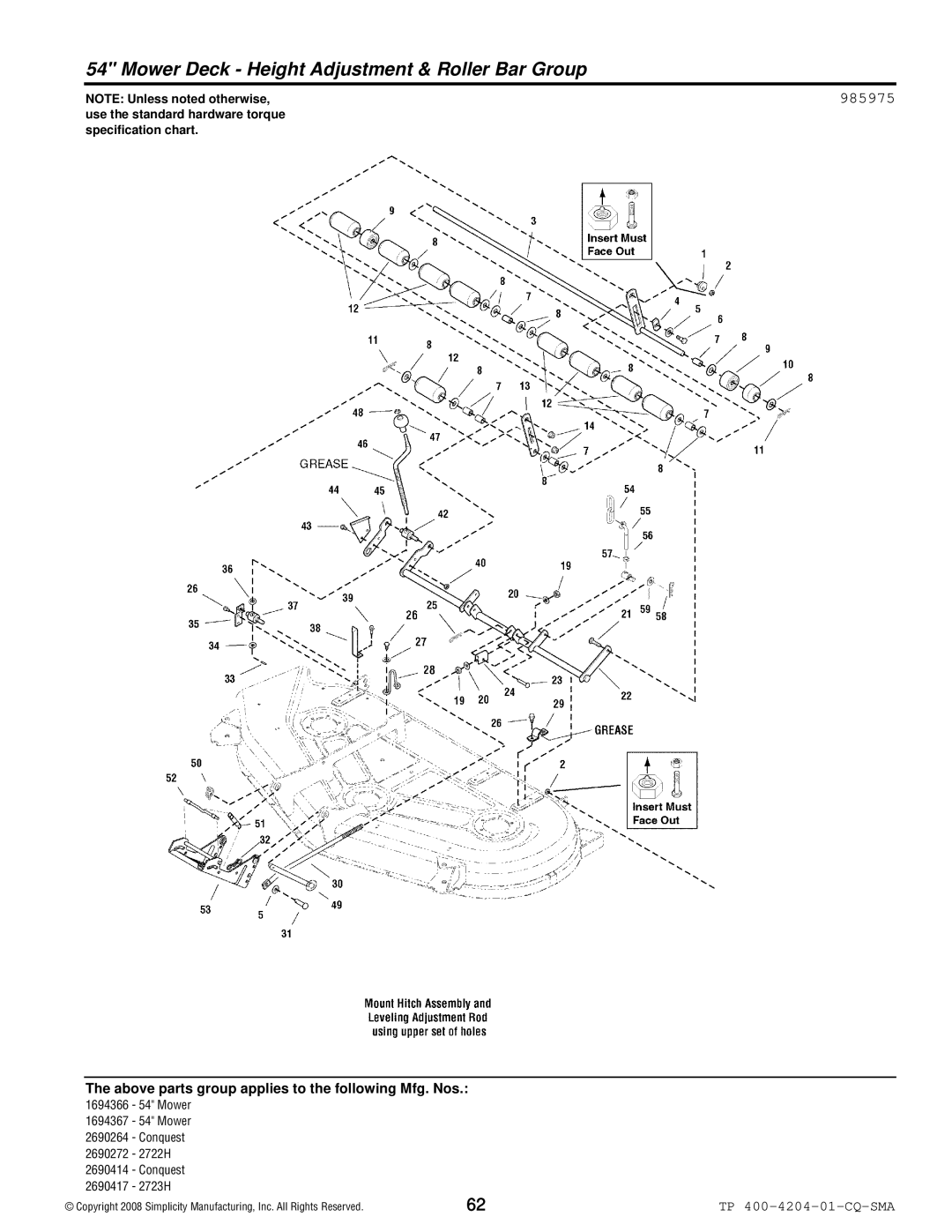 Simplicity 1700 Series manual Mower Deck Height Adjustment & Roller Bar Group, 985975 