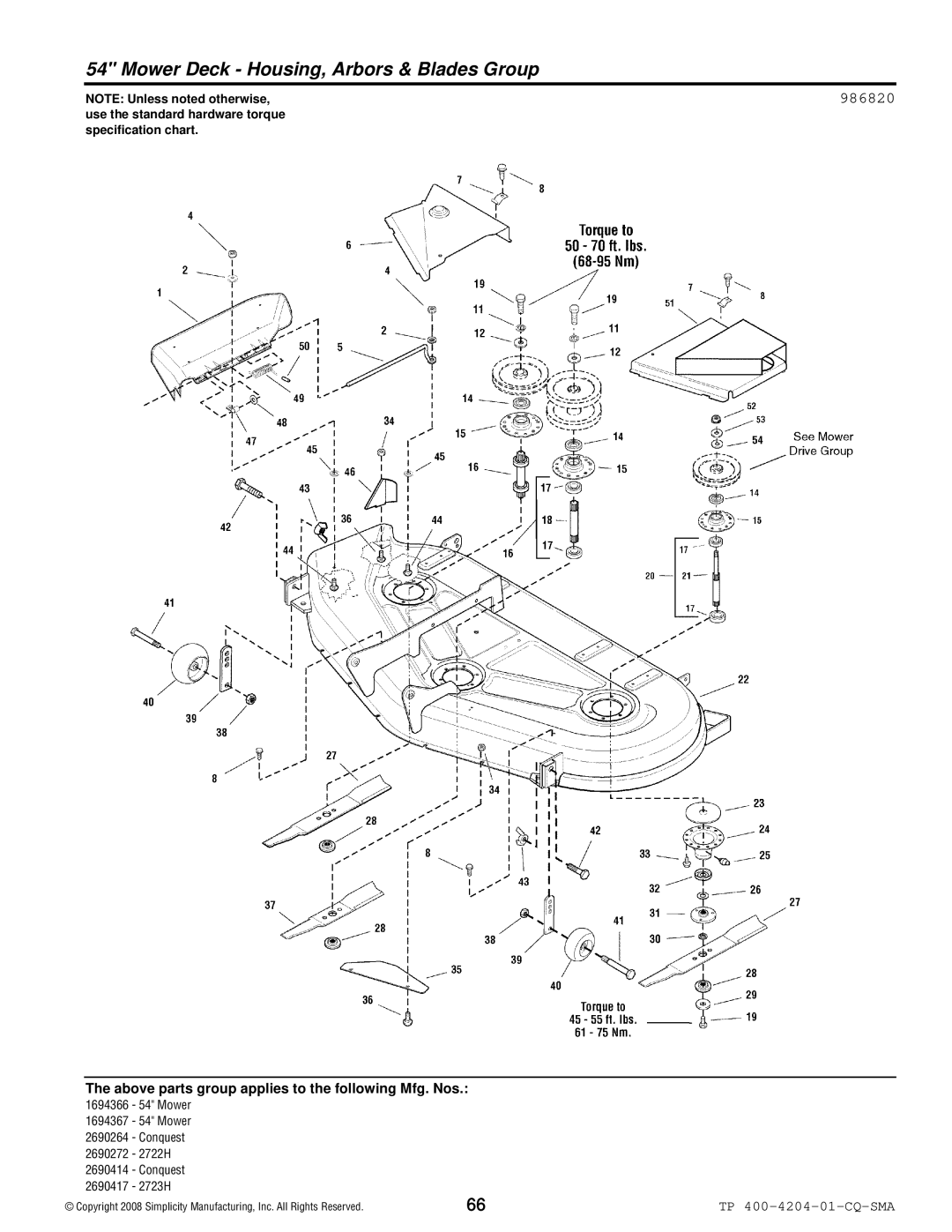 Simplicity 1700 Series manual Mower Deck Housing, Arbors & Blades Group, 986820 