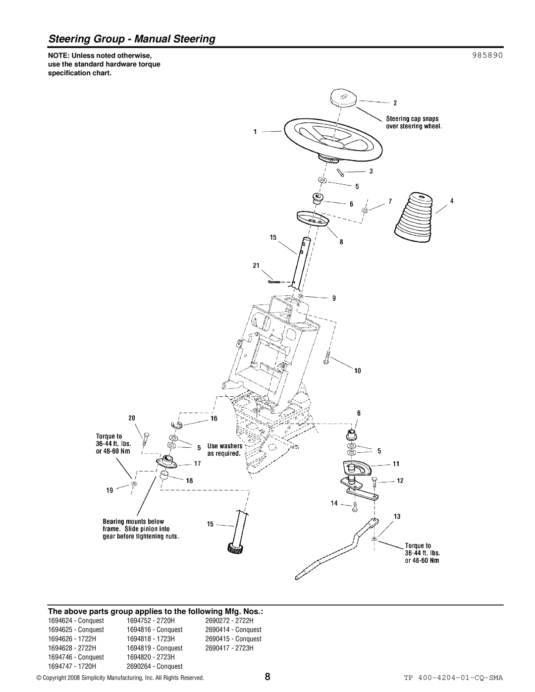 Simplicity 1700 Series manual Steering Group Manual Steering, 985890 