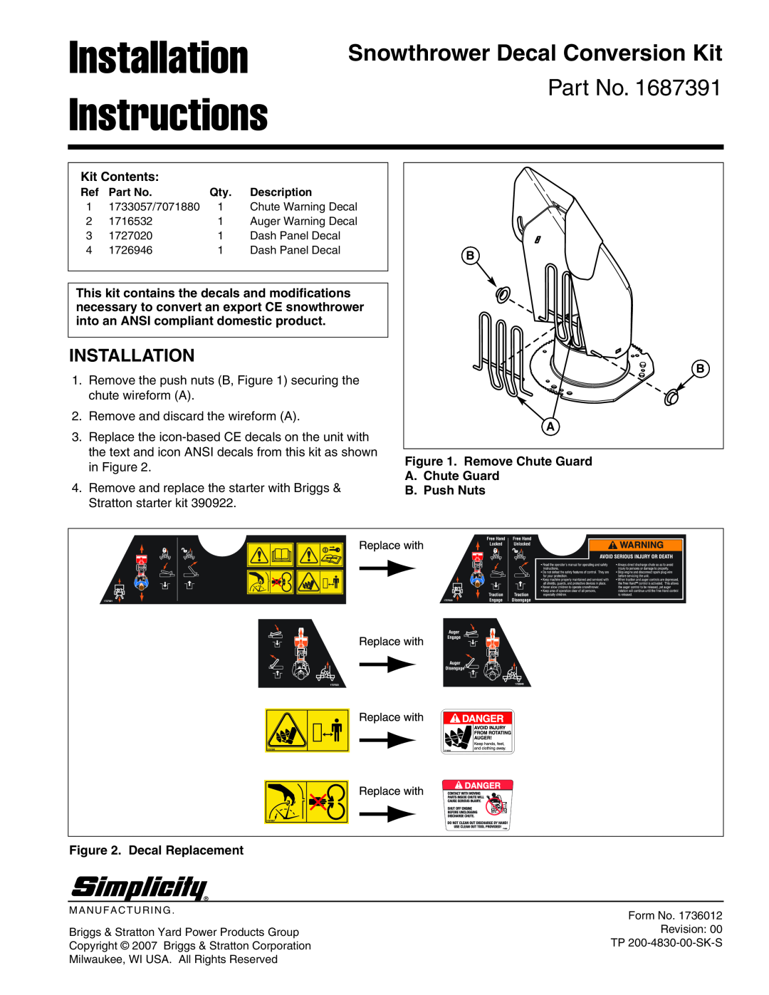 Simplicity 1726946, 1727020 installation instructions Installation Instructions, Snowthrower Decal Conversion Kit, Part No 