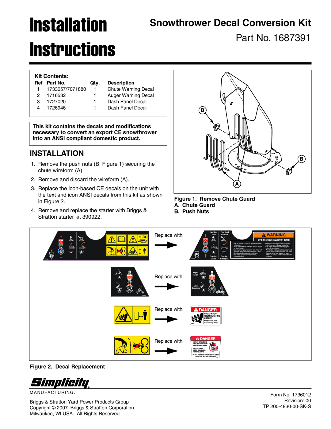 Simplicity 1726946 installation instructions Installation Instructions, Snowthrower Decal Conversion Kit, Kit Contents 