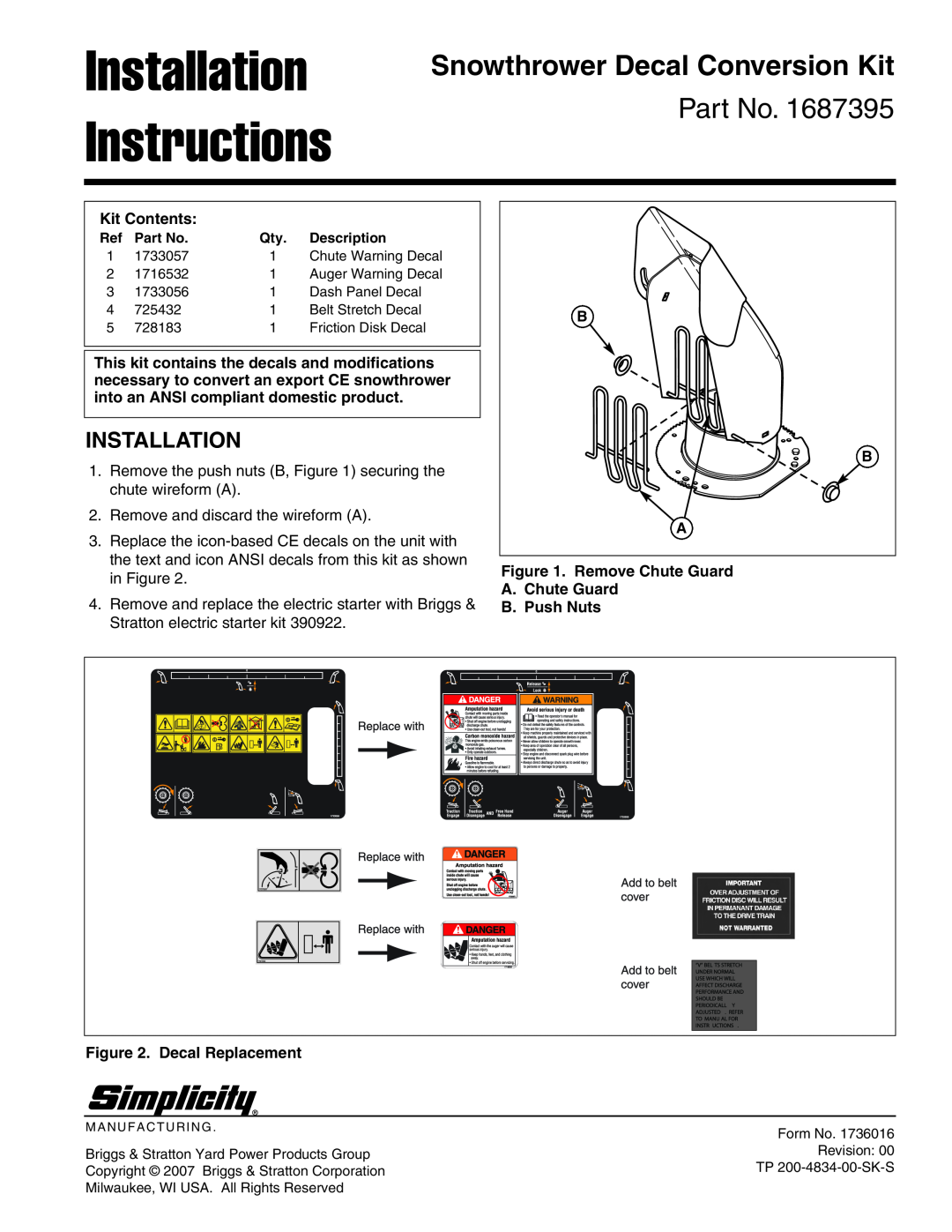 Simplicity 1687395 installation instructions Installation Instructions, Snowthrower Decal Conversion Kit, Kit Contents 