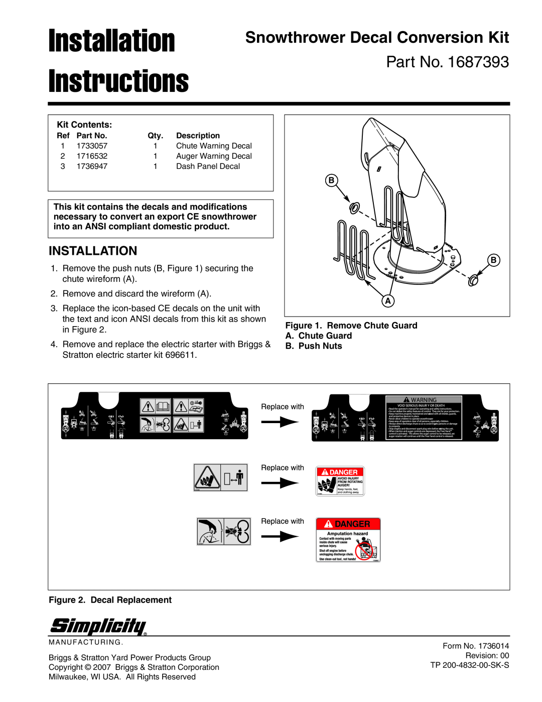 Simplicity 1687393 installation instructions Installation Instructions, Snowthrower Decal Conversion Kit, Kit Contents 