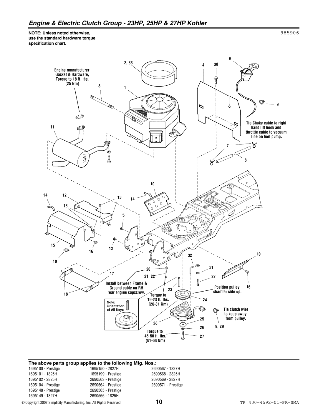 Simplicity 1800 Series manual Engine & Electric Clutch Group 23HP, 25HP & 27HP Kohler, 985906 