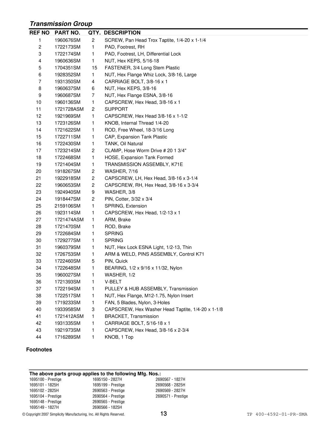 Simplicity 1800 Series manual Support, Transmission ASSEMBLY, K71E, WASHER, 3/8, Spring, WASHER, 1/2, Belt 