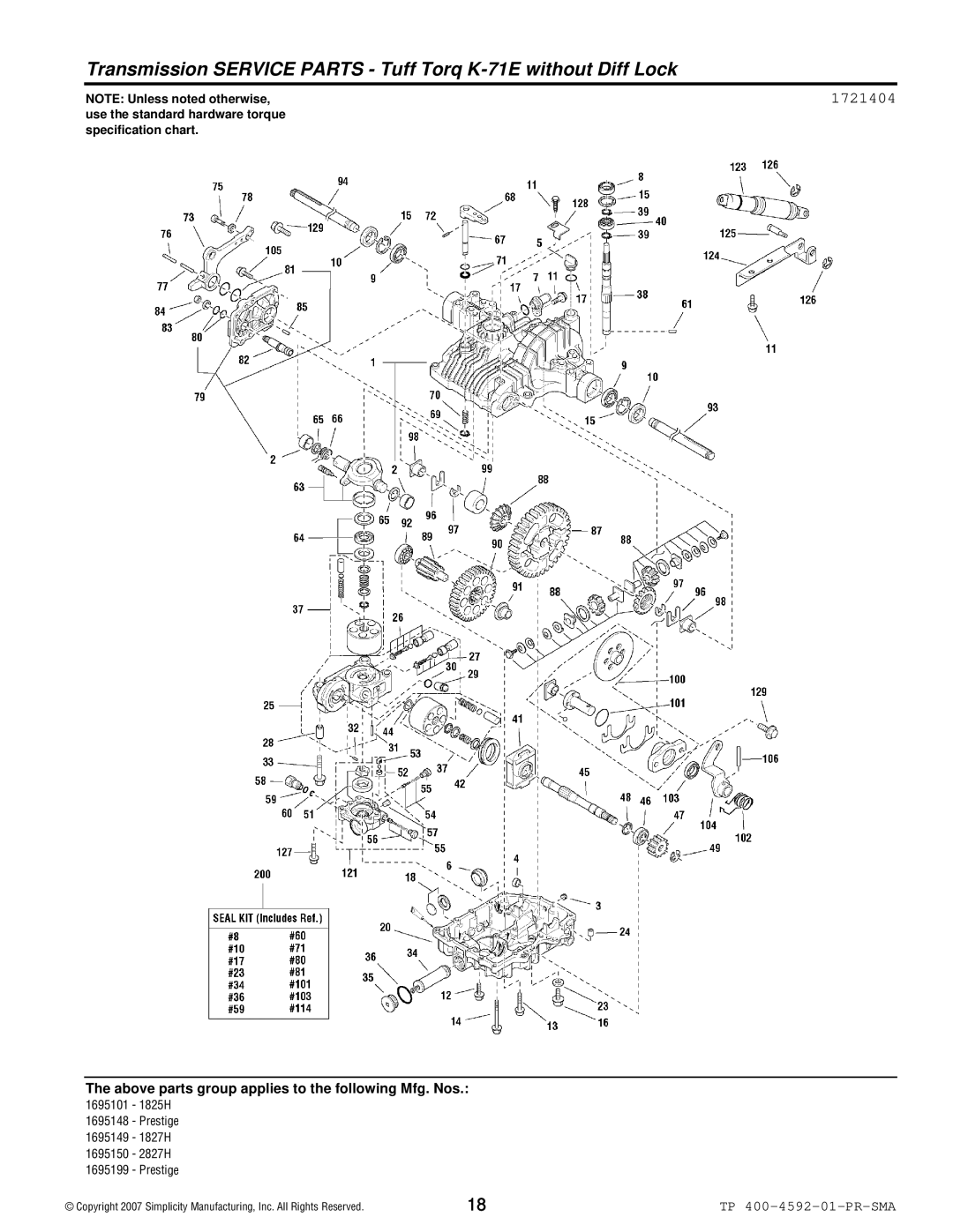 Simplicity 1800 Series manual Transmission Service Parts Tuff Torq K-71E without Diff Lock 