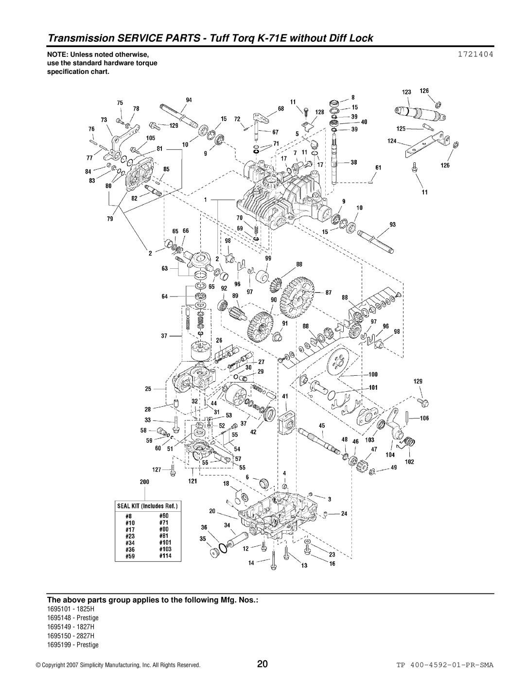 Simplicity 1800 Series manual Transmission Service Parts Tuff Torq K-71E without Diff Lock 