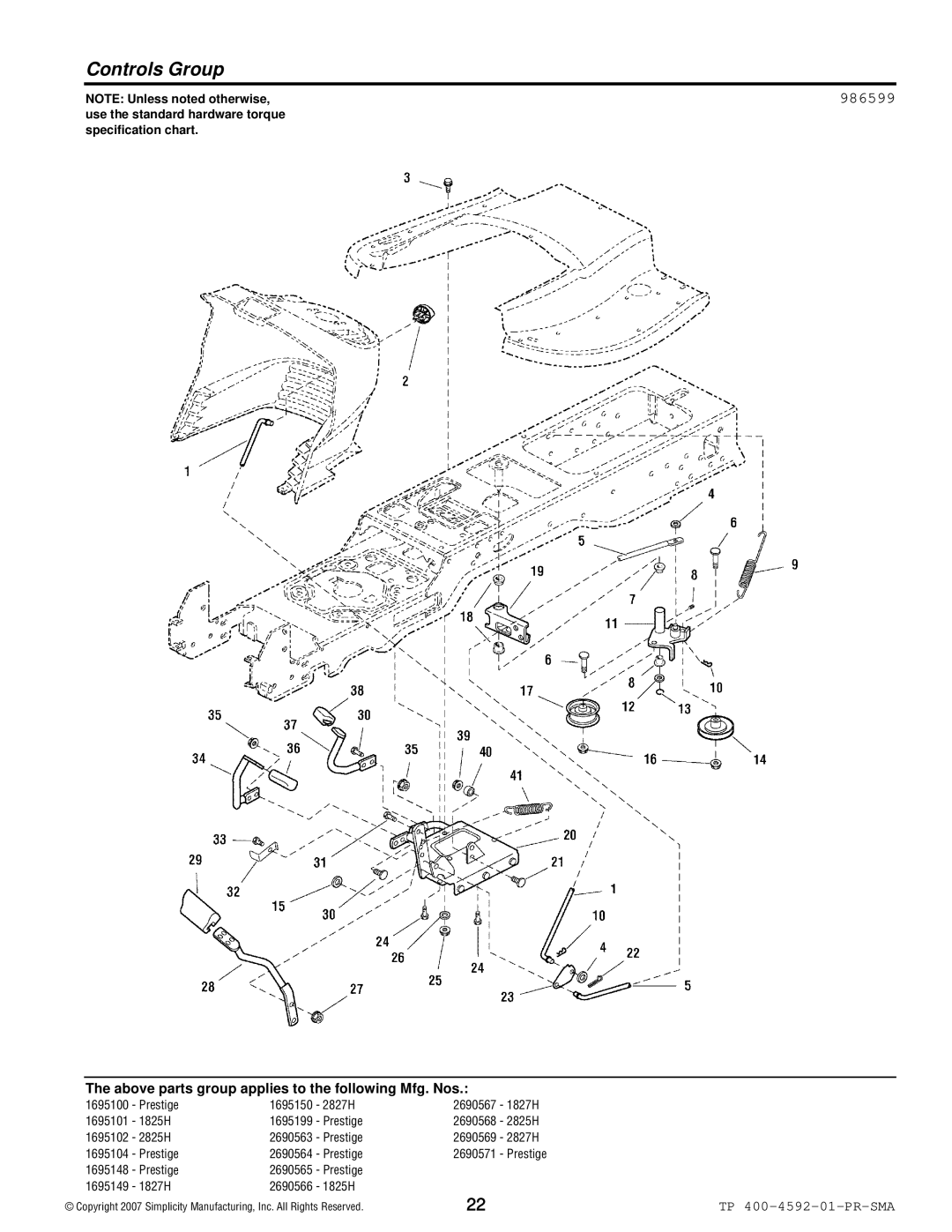 Simplicity 1800 Series manual Controls Group, 986599 