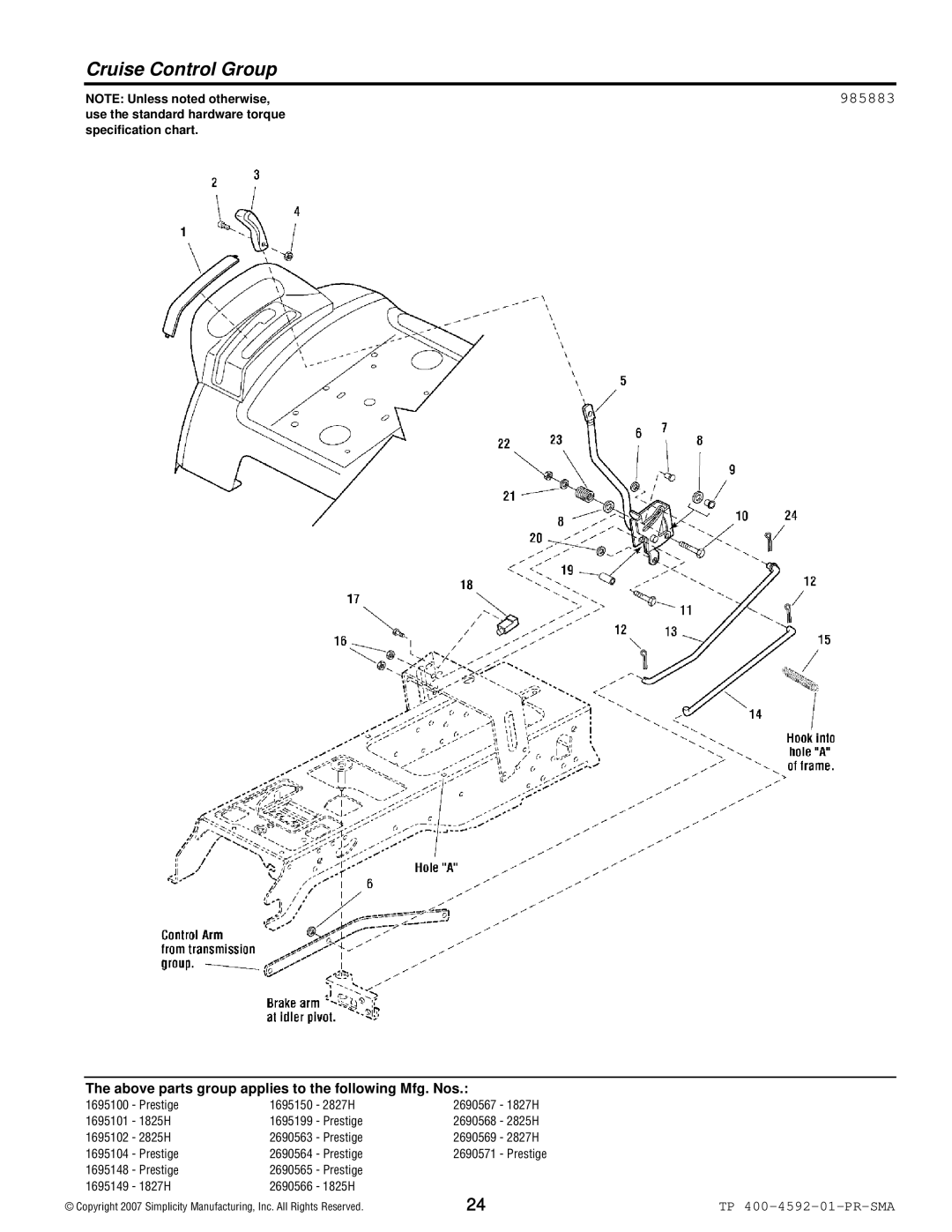 Simplicity 1800 Series manual Cruise Control Group, 985883 