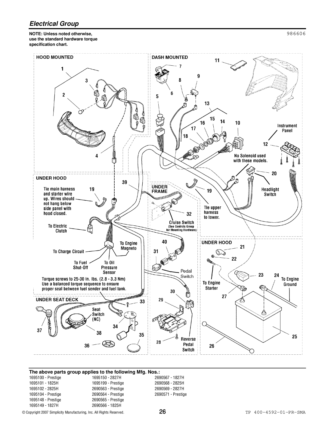 Simplicity 1800 Series manual Electrical Group, 986606 