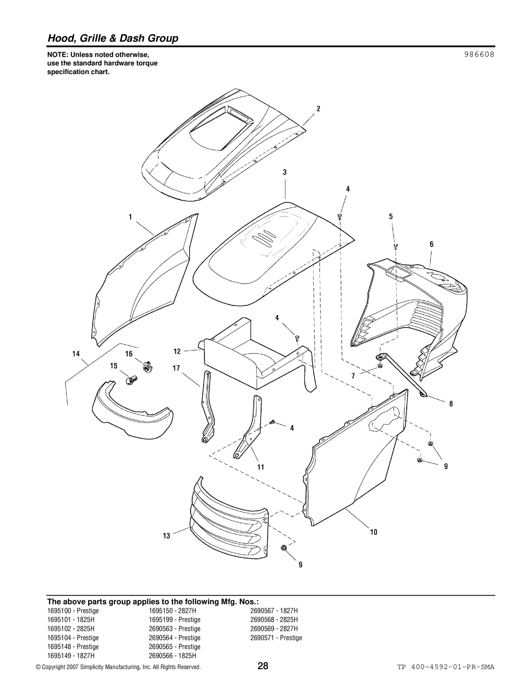 Simplicity 1800 Series manual Hood, Grille & Dash Group, 986608 
