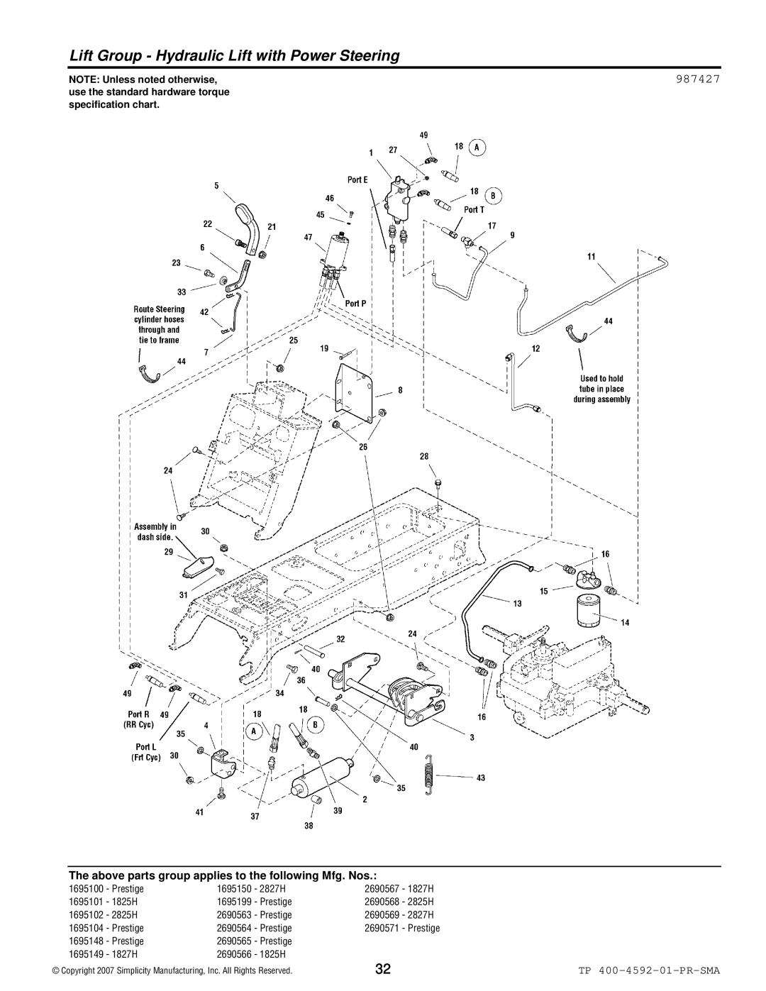 Simplicity 1800 Series manual Lift Group Hydraulic Lift with Power Steering, 987427 