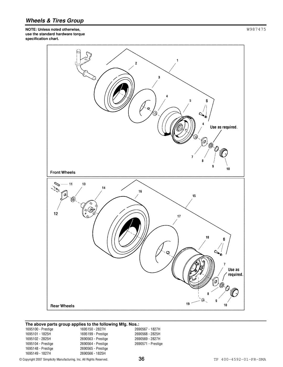 Simplicity 1800 Series manual Wheels & Tires Group, W987475 