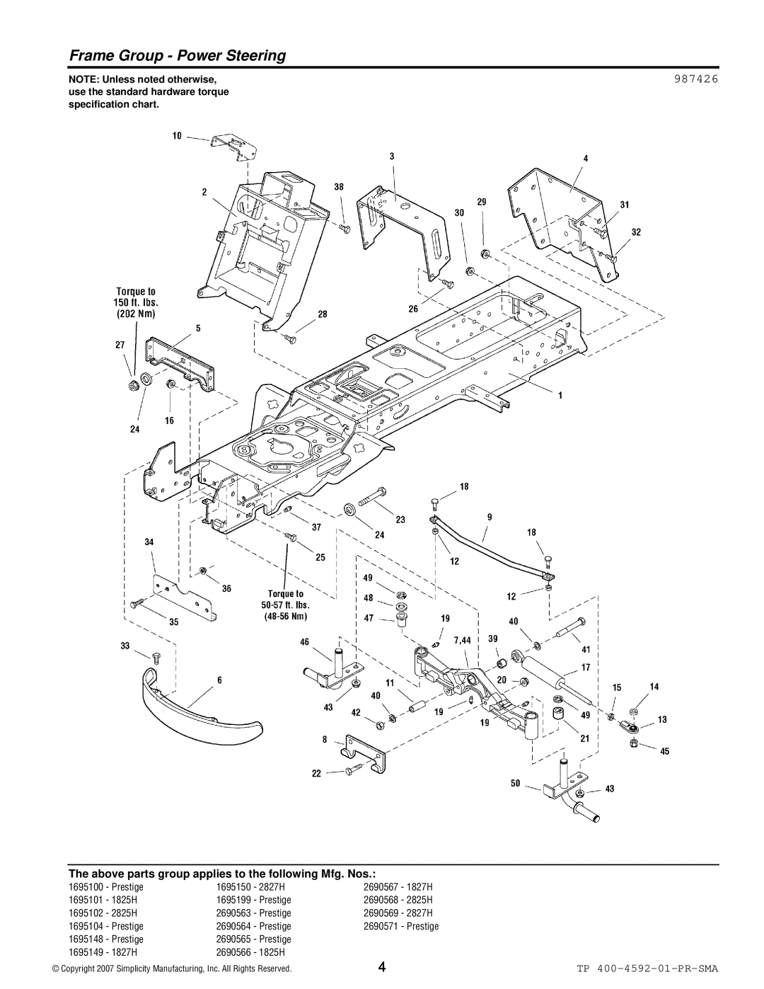 Simplicity 1800 Series manual Frame Group Power Steering, 987426 