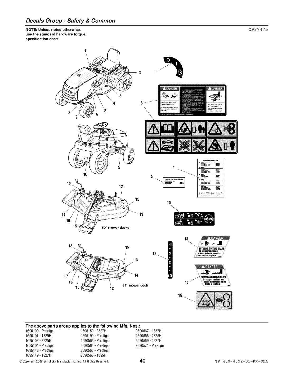 Simplicity 1800 Series manual Decals Group Safety & Common, C987475 