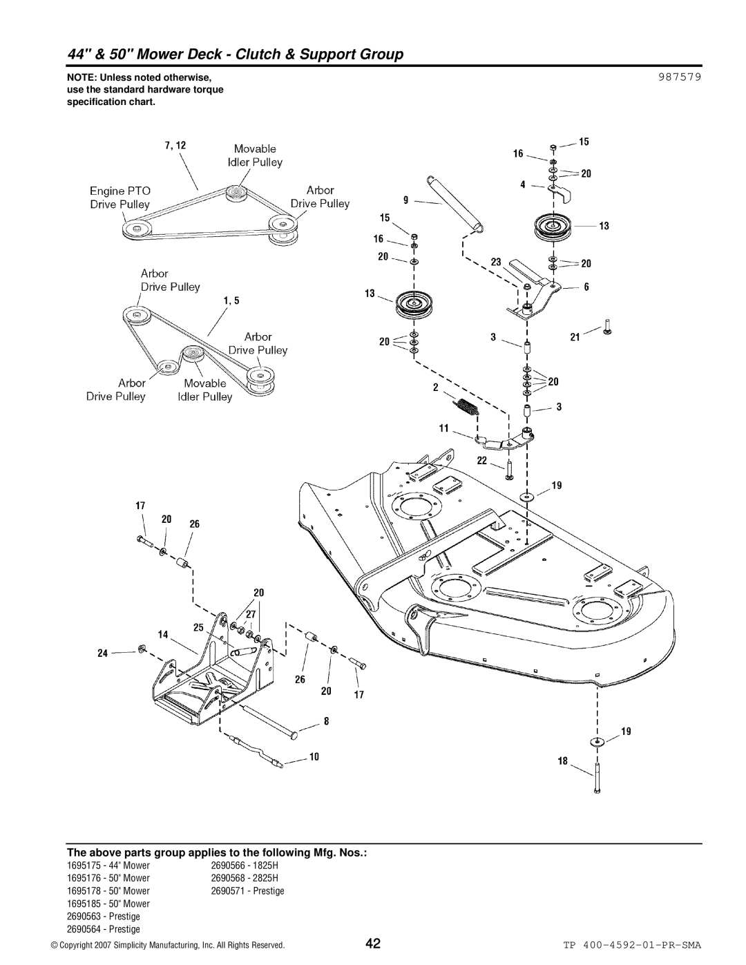 Simplicity 1800 Series manual 44 & 50 Mower Deck Clutch & Support Group, 987579 