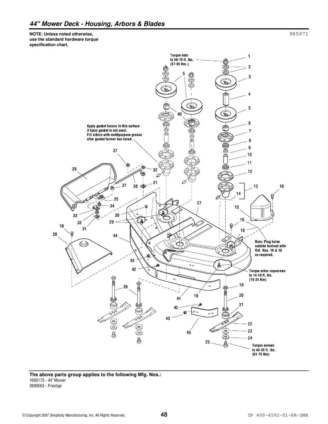 Simplicity 1800 Series manual Mower Deck Housing, Arbors & Blades, 985971 