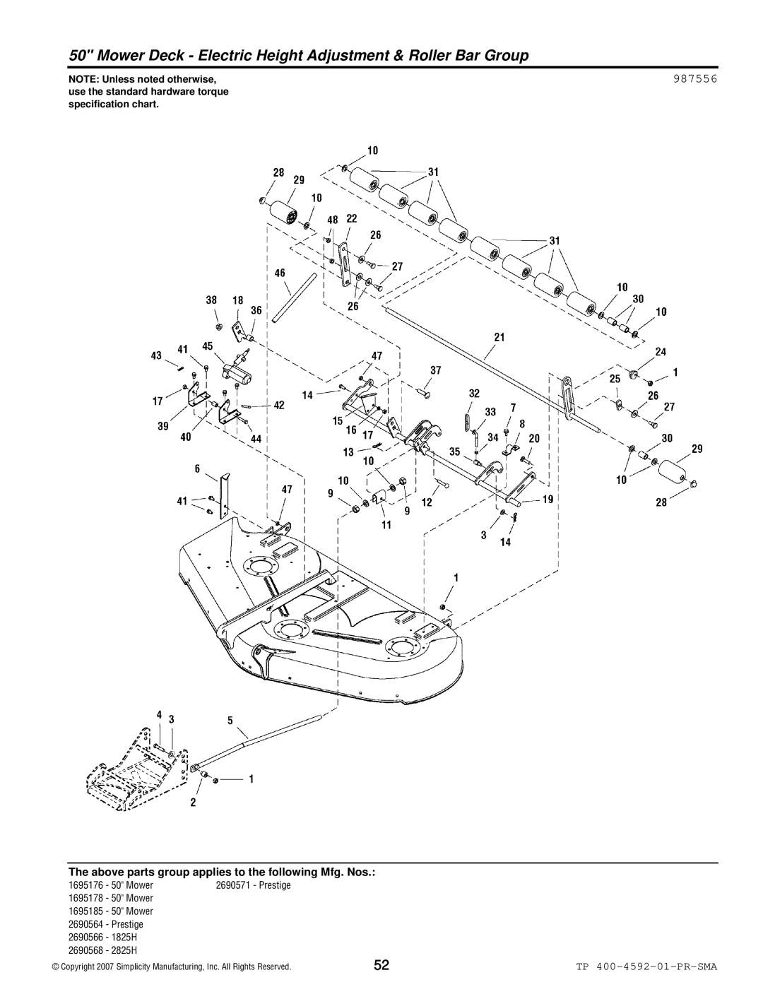 Simplicity 1800 Series manual Mower Deck Electric Height Adjustment & Roller Bar Group, 987556 