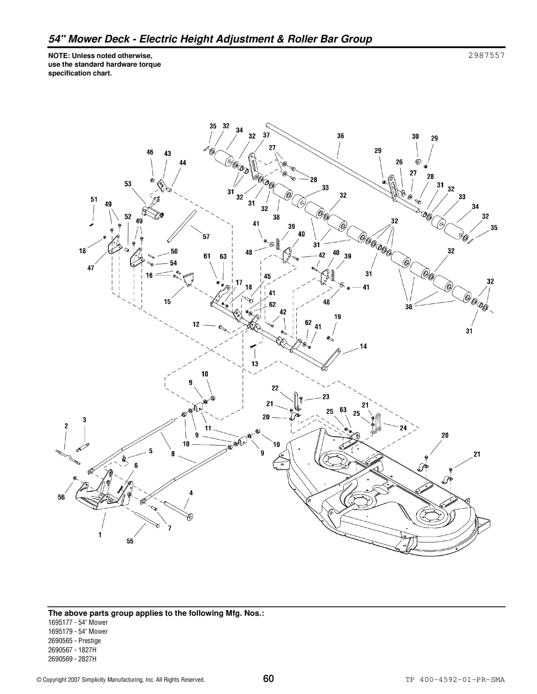 Simplicity 1800 Series manual Mower Deck Electric Height Adjustment & Roller Bar Group, 2987557 