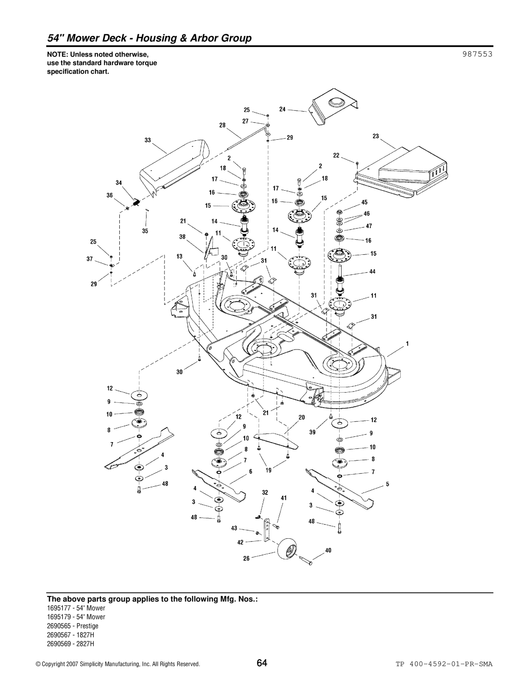 Simplicity 1800 Series manual Mower Deck Housing & Arbor Group, 987553 