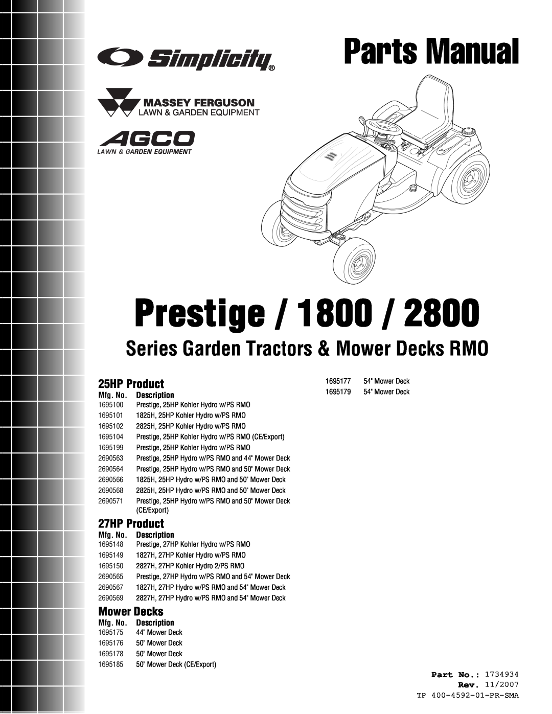 Simplicity 1800 Series manual 25HP Product, 27HP Product, Mower Decks, Part No, Mfg. No. Description, Parts Manual 