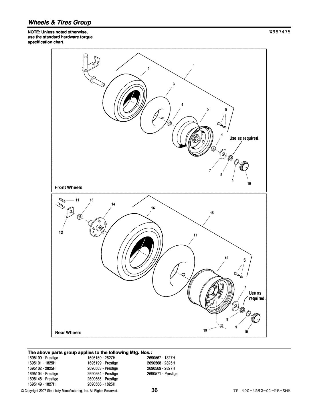 Simplicity 1800 Series manual Wheels & Tires Group, W987475, TP 400-4592-01-PR-SMA, NOTE: Unless noted otherwise 