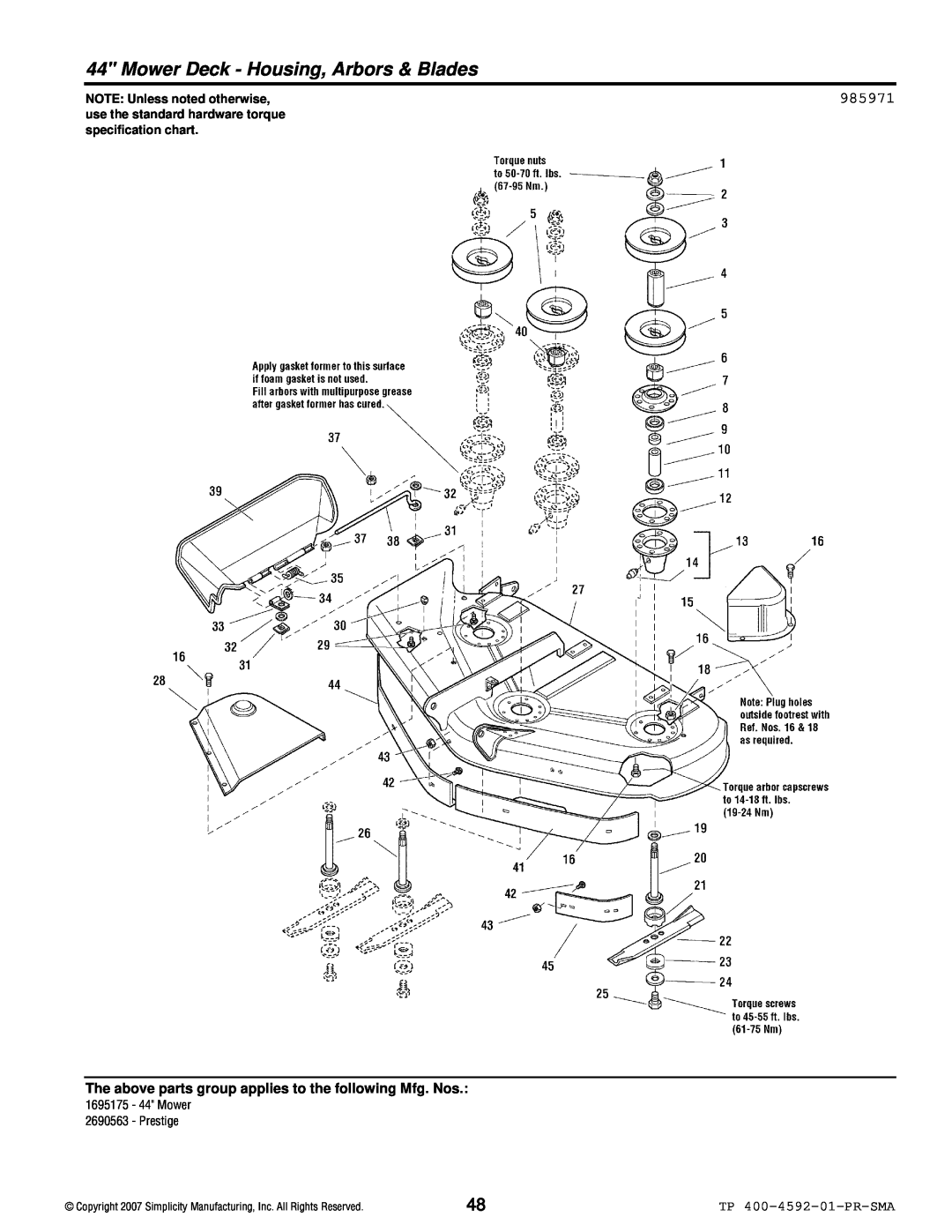 Simplicity 1800 Series Mower Deck - Housing, Arbors & Blades, 985971, TP 400-4592-01-PR-SMA, NOTE: Unless noted otherwise 