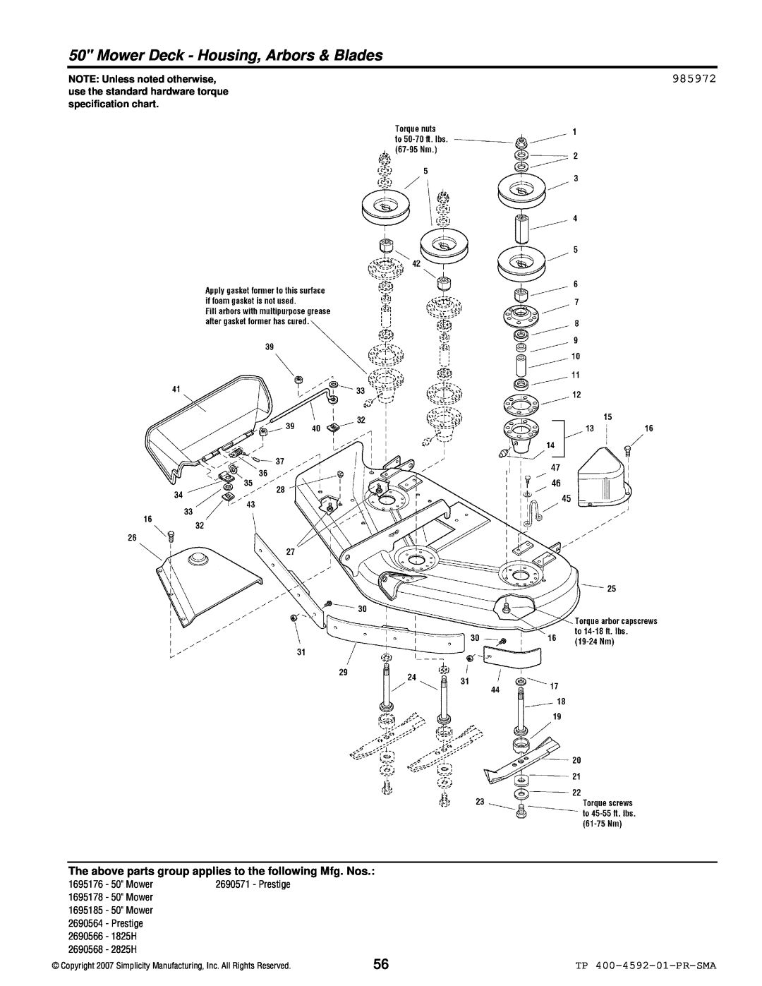 Simplicity 1800 Series Mower Deck - Housing, Arbors & Blades, 985972, TP 400-4592-01-PR-SMA, NOTE: Unless noted otherwise 