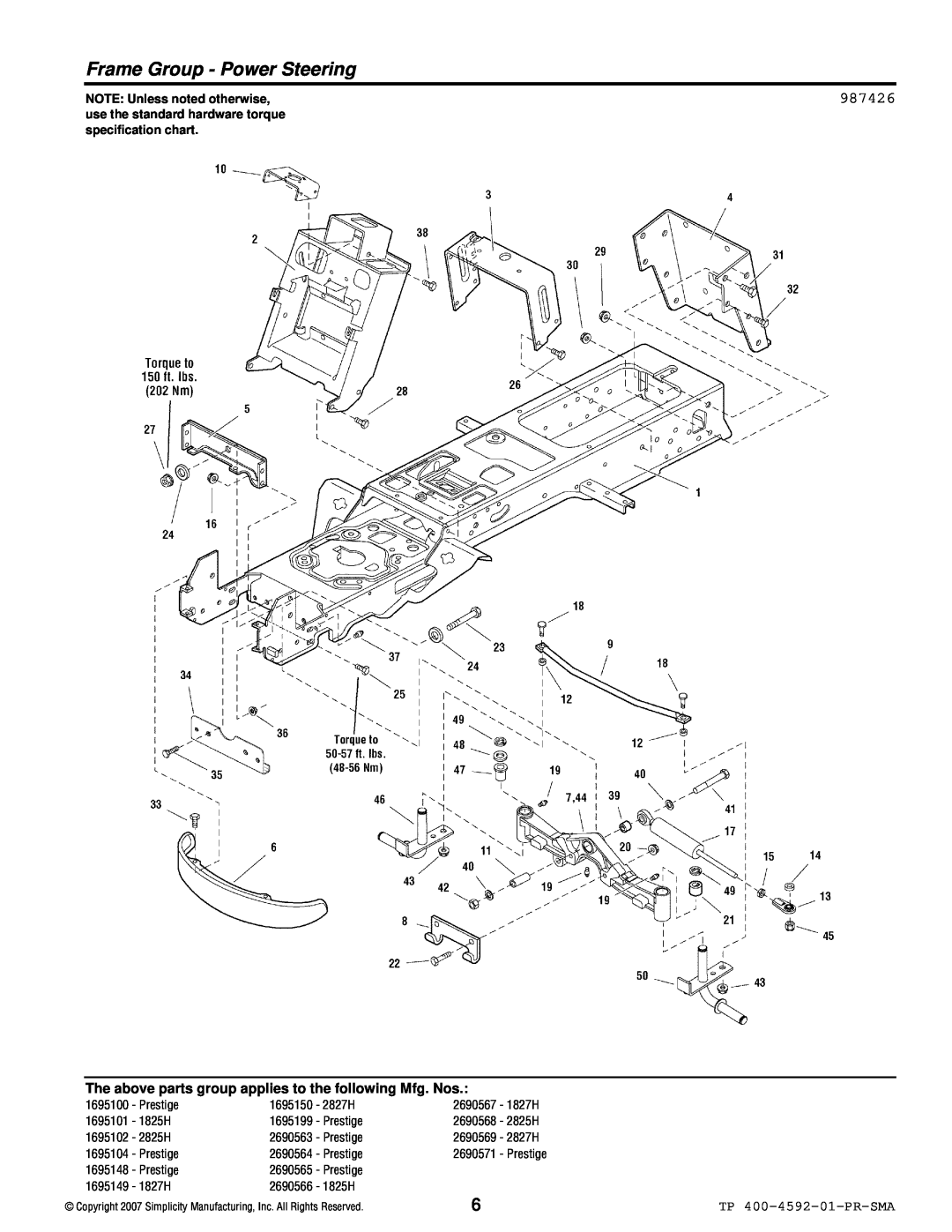 Simplicity 1800 Series manual Frame Group - Power Steering, 987426, TP 400-4592-01-PR-SMA, NOTE: Unless noted otherwise 