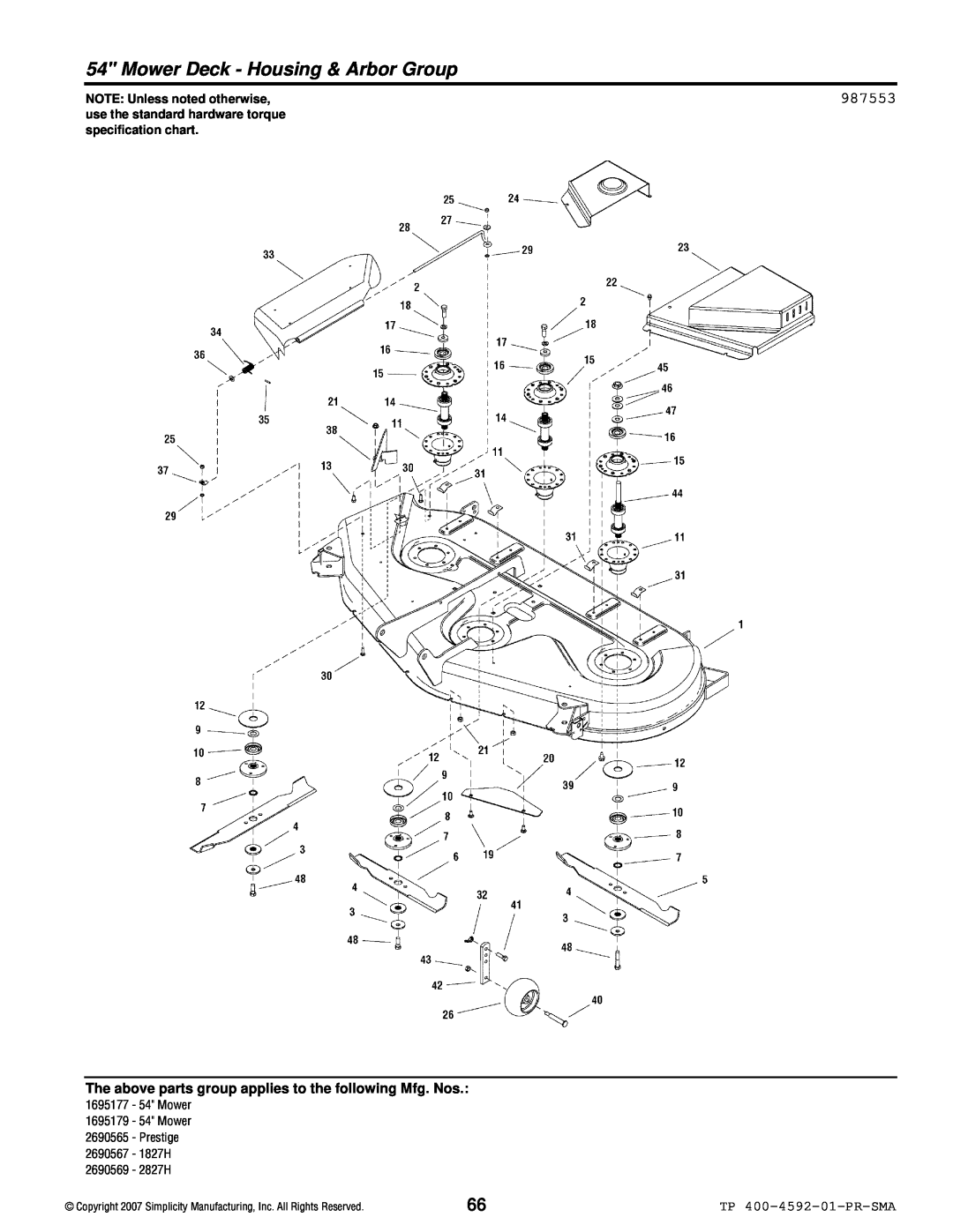 Simplicity 1800 Series Mower Deck - Housing & Arbor Group, 987553, TP 400-4592-01-PR-SMA, NOTE: Unless noted otherwise 