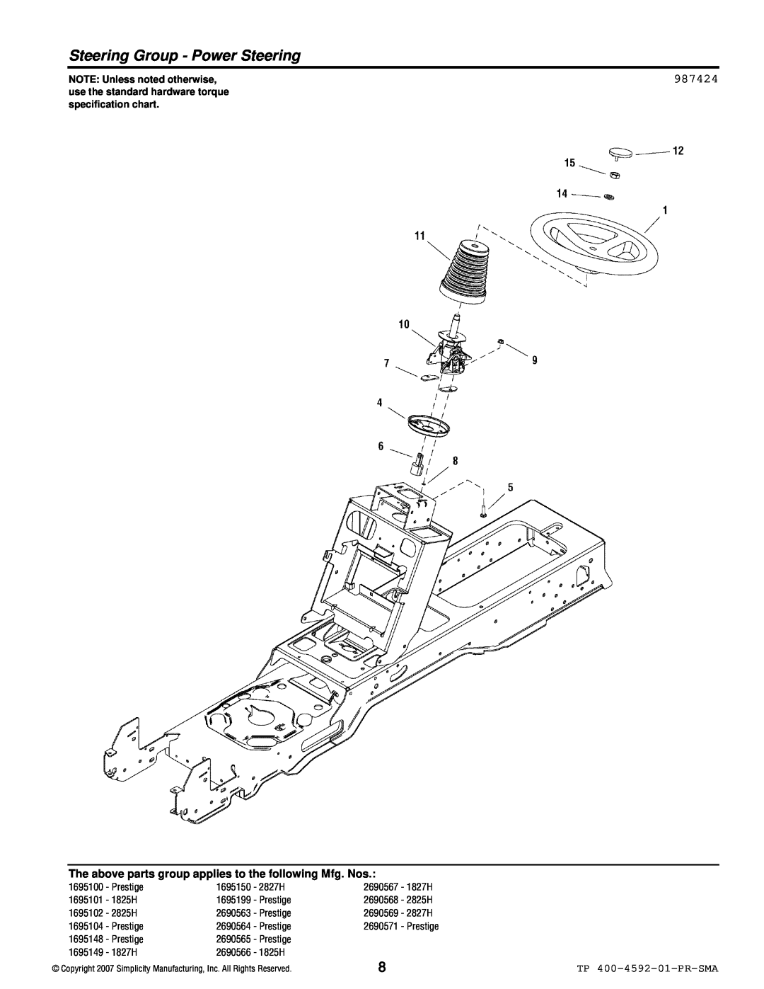 Simplicity 1800 Series manual Steering Group - Power Steering, 987424, TP 400-4592-01-PR-SMA, NOTE: Unless noted otherwise 