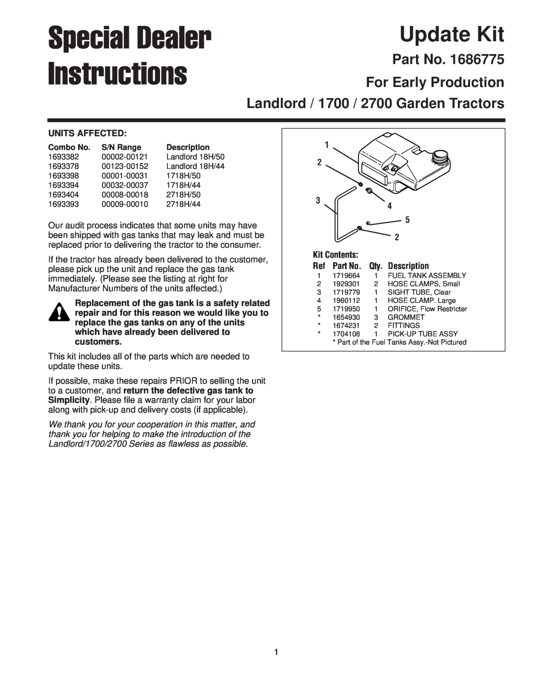 Simplicity 1719950 Special Dealer Instructions, Update Kit, For Early Production Landlord / 1700 / 2700 Garden Tractors 