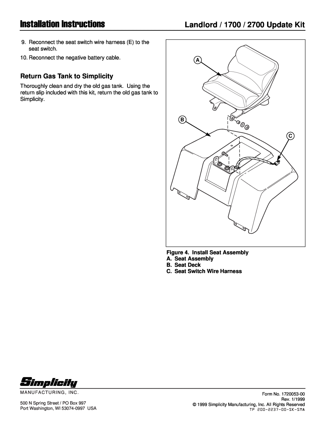 Simplicity 1719779 Return Gas Tank to Simplicity, Installation Instructions, Landlord / 1700 / 2700 Update Kit, Form No 