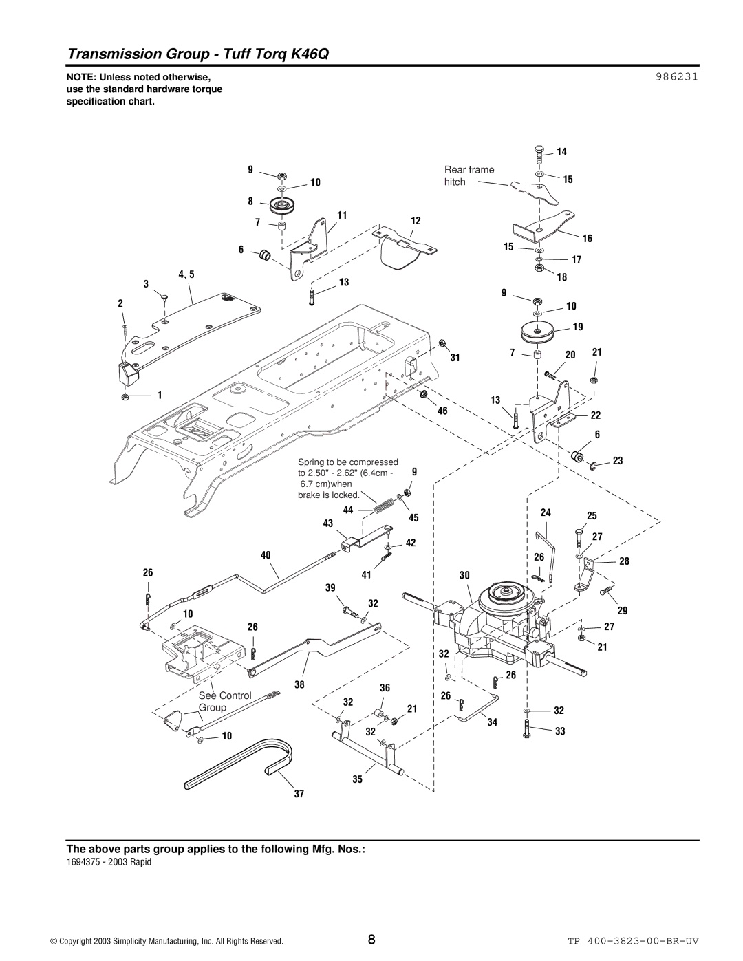 Simplicity 2003 Rapid manual Transmission Group Tuff Torq K46Q, 986231 