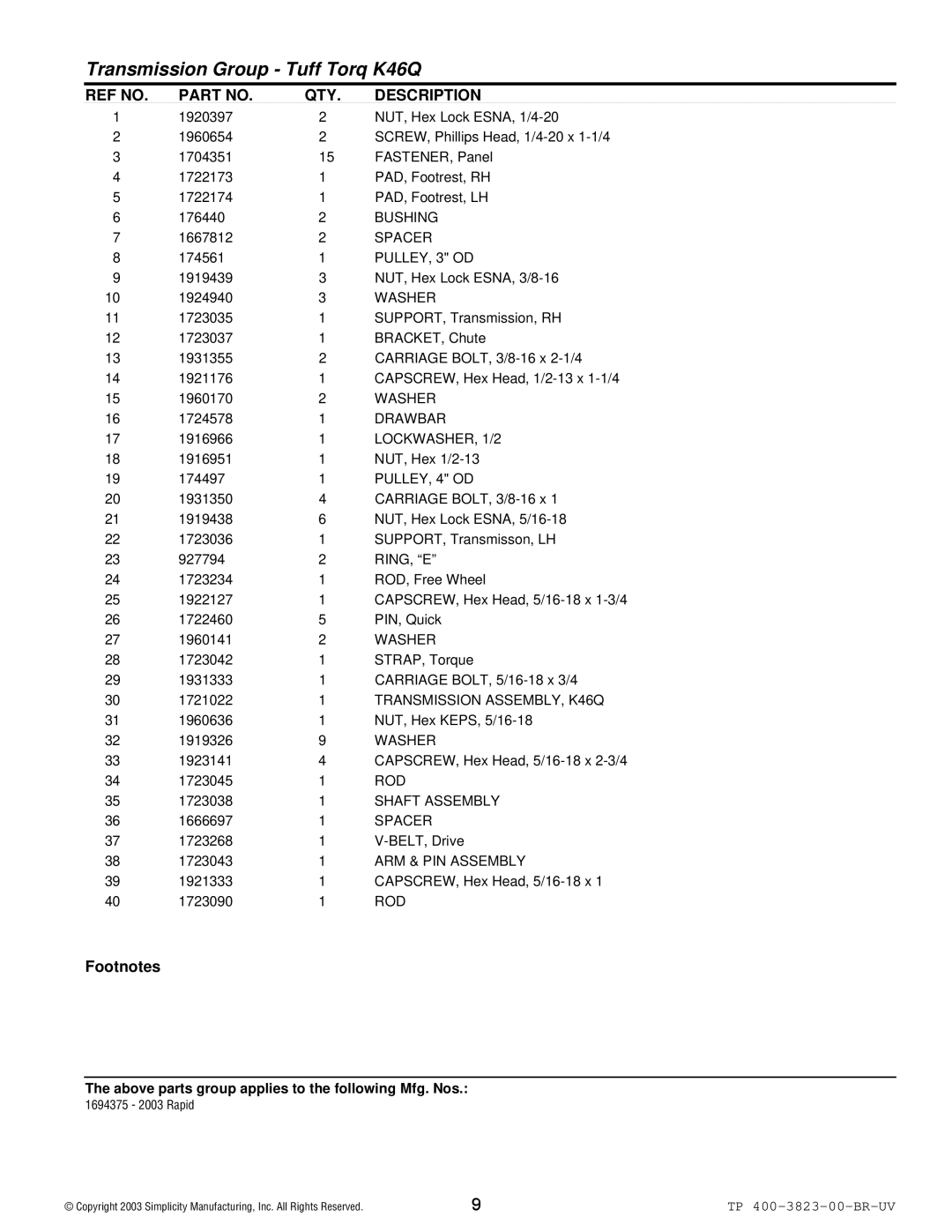 Simplicity 2003 Rapid PULLEY, 3 OD, Drawbar, LOCKWASHER, 1/2, PULLEY, 4 OD, Ring, E, Transmission ASSEMBLY, K46Q, Rod 