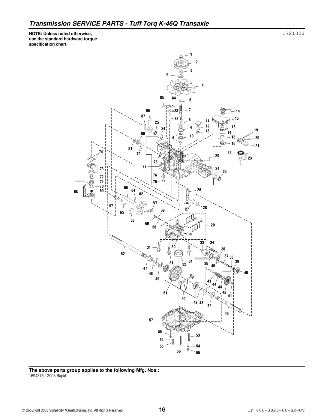 Simplicity 2003 Rapid manual Transmission Service Parts Tuff Torq K-46Q Transaxle 