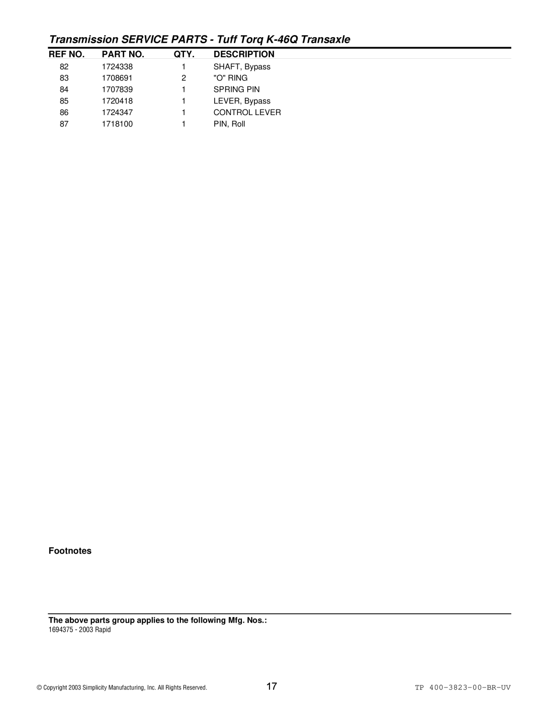 Simplicity 2003 Rapid manual Spring PIN, Control Lever 