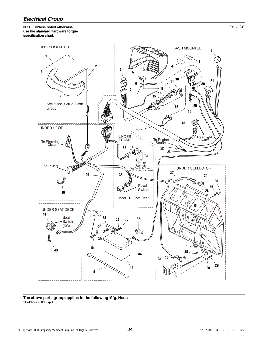 Simplicity 2003 Rapid manual Electrical Group, 986230 