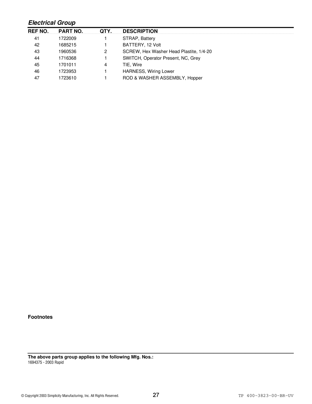 Simplicity 2003 Rapid manual Electrical Group 