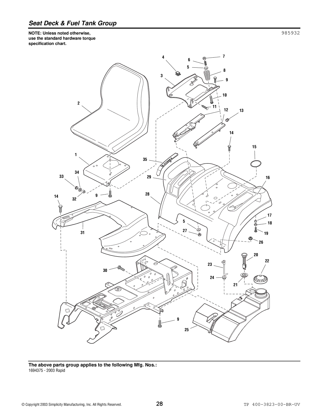 Simplicity 2003 Rapid manual Seat Deck & Fuel Tank Group, 985932 